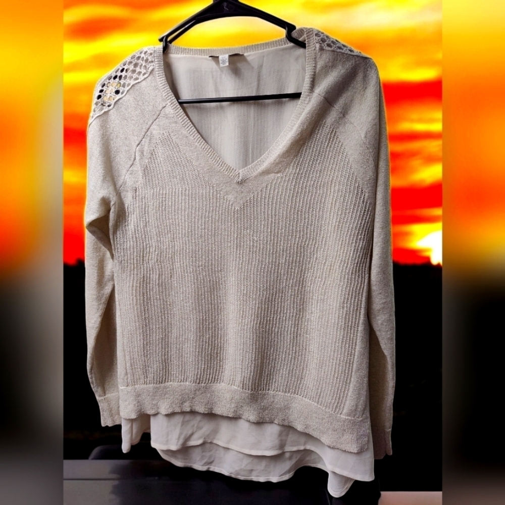 Lucky Brand V-Neck Taupe/Metallic Sweater Lined, S/P